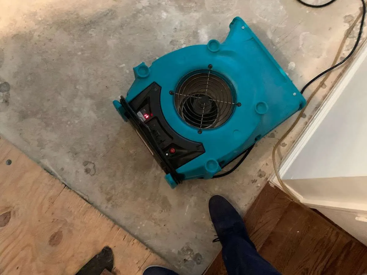 Air mover drying subfloor during Leak Detection & Repair in Revere